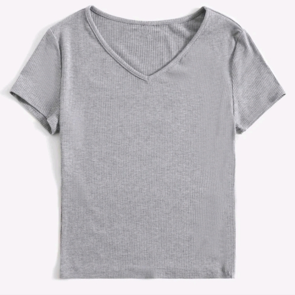 Women V-neck Short Sleeve Rib Knit Cropped T shirt Size Small Summer Spring